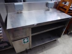 * S/S prep bench with splashback and socket outlets, undercupboard with 2 shelves. 1300w x 600d x