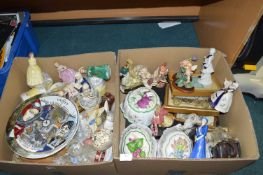 Two Boxes of Decorative Pottery, Figures, Plates,