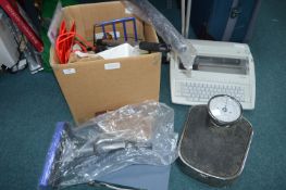 Box of Household Goods, handbags, and a Brother El