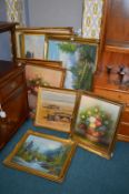 Nine Gilt Framed Oil on Canvas Landscapes and Flor