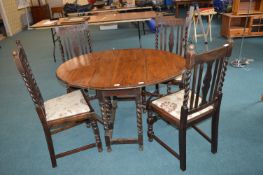 1930's Oak Barley Twist Drop Leaf Dining Table wit