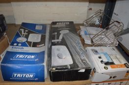 *Two Electric Showers, Swivel Tilt TV Mount, and Shelving with Suction Cups