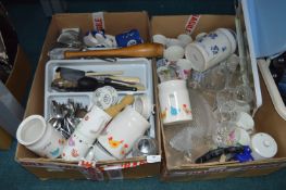 Two Boxes of Kitchenware, Mugs, Glassware, Storage