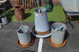 Three Vintage Galvanised Poultry Feeders