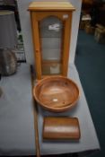 Wooden Display Cabinet, Bowl, Box, and Carved Ethn