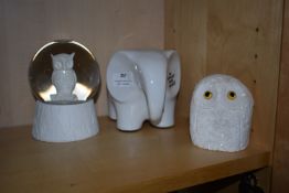 Two Owl Ornaments and an Elephant