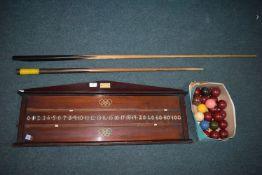 Snooker Scoreboard, Riley Snooker Cue, and Balls