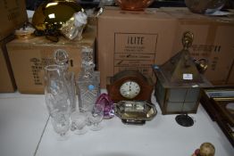 Vintage Lantern, Mantel Clock, and Decanters