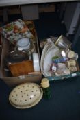 Two Boxes of Kitchenware; Enamel Cookware, Mugs, P