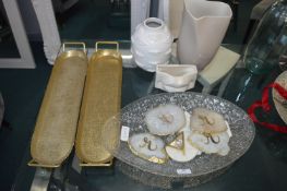 *Large Glass Dish, Coasters, Vases, and Brass Trays