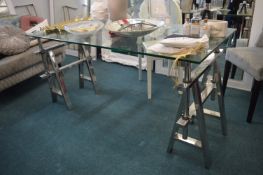 *Glass Topped Table with Metal Trestle Supports