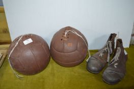 Two Leather Footballs and a Pair of Boots