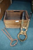 Wooden Box Containing Burdizzo Italian Castrating Tool, and Bulls Nose Tool