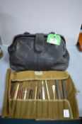1930's Leather Gladstone Bag plus Mirror and a Roll of Surgical Tools etc.
