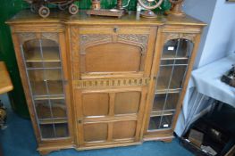 1930's Oak Bureau Bookcase with Leaded Glazed Doors and Carved Detail
