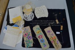 Charles Horner Silver Hat Pin and Other Hat Pins, plus Lacework, Embroideries, etc.