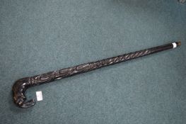 Ebonised Carved Walking Stick with Elephant Handle
