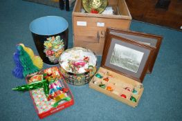 Wooden Crate and Vintage Christmas Decorations, Waste Paper Basket, etc.