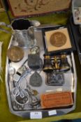 Tray Lot of Collectibles; Opera Glasses, Bronze Plaques, Silver Sherry Label, etc.