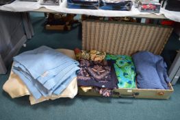 Vintage Suitcase Containing 1970's Fabrics, Bed Covers, etc.