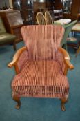 Edwardian Fireside Chair in Red & White Stripped Upholstery