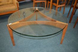 Large 1970's Glass Coffee Table on Triangular Teak Frame