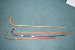 Four Walking Canes with Brass Ferules and Tops