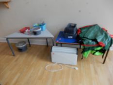 *Two School Tables with Assorted Art Accessories Including Aprons, Paint Pots, Electric Convector