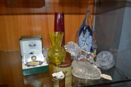 Glass Paperweights, Vases, Penguin, etc.
