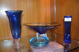 Four Blue Art Glass Vases and Dishes