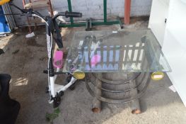 Glass Topped Table & 2 Kids Scooters