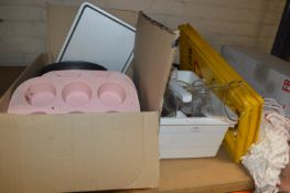 *Various Baking Tins, Plastic Containers, Mop Heads, Two Wet Floor Signs, etc.