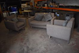 60's Style Grey Two Seat Settee and Two Armchairs with Cushions