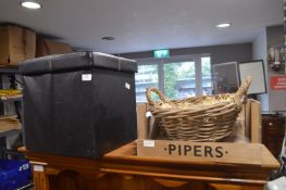 *Black Storage Pouffe, Piper's Wooden Display Crate, and a Wicker Basket