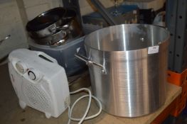*Assorted Cooking Trays, Saucepans, Large Aluminium Saucepan, and a Heater