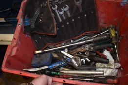 *Box of Assorted Hand Tools; Ratchets, Tin Snips, Screwdrivers, Wedges, Torque Wrench, etc.