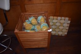 *Teak Linen Basket Containing Assorted Natural Body Sponges