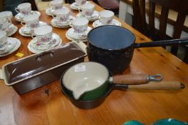 Le Creuset Rectangular Casserole Dish, Green Le Creuset Enamel Milk Pan, and Two Other Pans