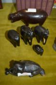 Carved Wooden Animals; Elephants, Hippos, etc.