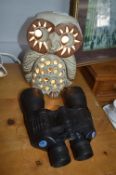 1970's Shelf Pottery Owl Lamp plus Binoculars