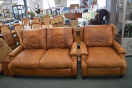 Two Seat Tan Leather Sofa with Matching Armchair