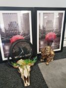 * decoritive items - including 2 x frames, 'golden' monkey, decorative animal skull and clock
