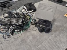 * desktop tablet stand, JBL headphones and collection of electrical items - keyboards, mice, wiring,