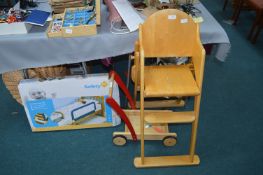 Wooden Child's Highchair, Wooden Trolley, and a Be