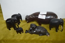 Set of Four Elephants, Hippo, and Dog Ornaments