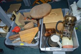 Two Boxes of Kitchenalia; Cafetiere, Knives in Blo