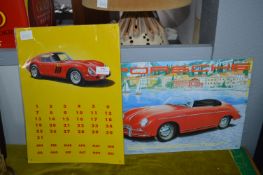 Metal Porsche Plaque and a Metal Ferrari Calendar