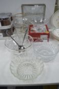 Cut Glass Dishes, Decorative Vase, and a Display