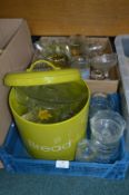 Glassware and a Metal Bread Bin