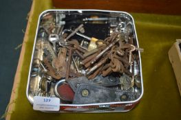 Biscuit Tin of Assorted Keys and Padlocks, etc.